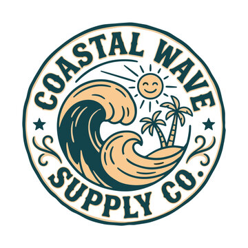 Coastal Wave Supply Co vintage retro emblem logo vector with big ocean wave smiling sun and palm trees isolated on white background