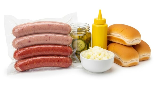 Packaged sausage beside mustard, pickles, onion, and stacked sandwich rolls. Processed meat food styling for deli meal preparation, barbecue gathering, picnic menu, and grocery advertising.