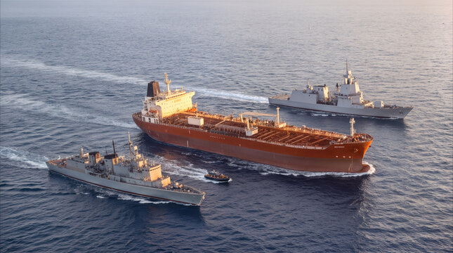 Oil tanker escorted by naval warships through international waters. Maritime security operation protecting commercial shipping lanes during transit.