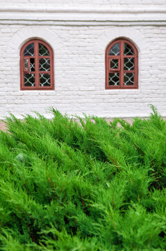 White brick architecture with arched windows