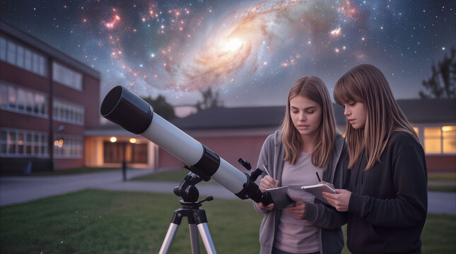 Teenage girls taking notes during astronomy lesson on school campus. Students using telescope to observe spiral galaxy in night sky.