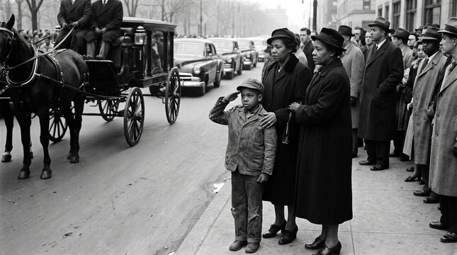 Solemn Procession of Mourners A Young Boy's Salutation Honors Fallen Heroes During a somber historical funeral procession on a city street paying tribute to a significant cultural event with deep emot