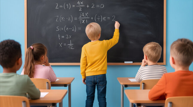 Elementary school student solving algebra equations on chalkboard. Diverse group of children watching classmate during math lesson in classroom.