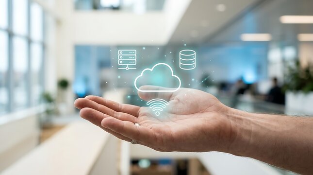 Cloud data server network concept held in palm floating digital icons computing wireless digital icon glowing interface.