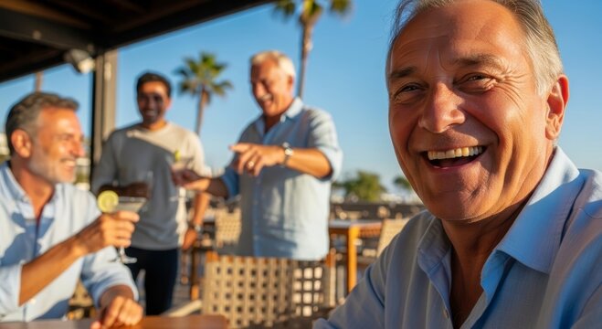 Smiling senior man enjoying an outdoor gathering with friends on a sunny terrace. Happy retirement lifestyle, friendship, leisure, and social connection concept.