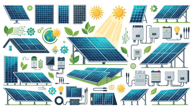 Vector collection of solar panels, sun rays, green leaves, and renewable energy equipment for sustainable ecology and green power technology layouts.