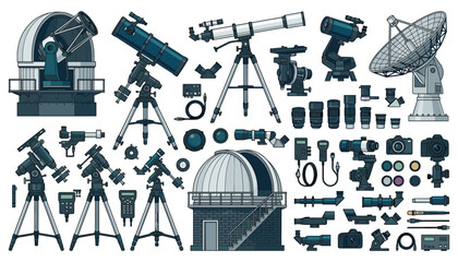 Vector set of astronomical telescopes, observatory dome, lenses, and stargazing equipment for space exploration, astronomy research, and night sky observation. © Sarmin