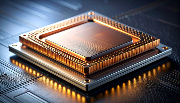 Central Processing Unit: A close-up, macro shot of a powerful and intricate central processing unit (CPU) chip, highlighting its detailed circuitry and metallic sheen.