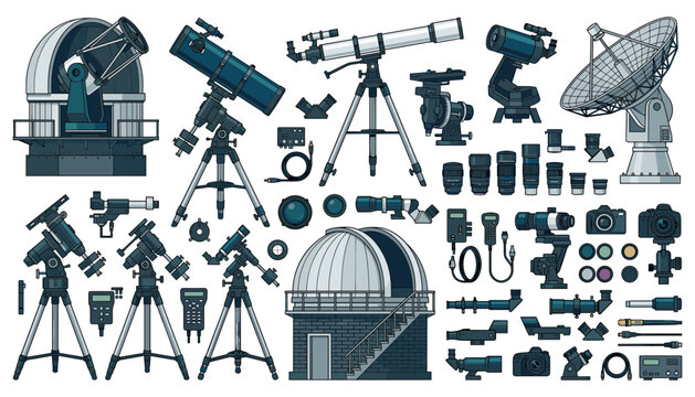 Vector set of astronomical telescopes, observatory dome, lenses, and stargazing equipment for space exploration, astronomy research, and night sky observation.