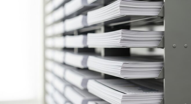 Stacks of paper files stored in an office shelving system. Document management, administrative workload and organized business archive concept with copy space.