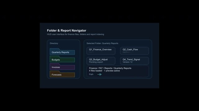 Folder Report Navigator HUD financial user interface dashboard with digital folders, report browsing, file controls, status panels and futuristic technology motion graphics