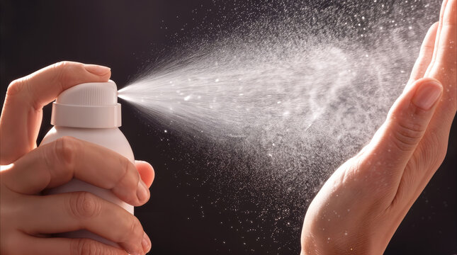 Person spraying antiseptic mist onto palm for hand hygiene. Close-up view of aerosol bottle dispersing disinfectant liquid for sanitization and infection prevention.