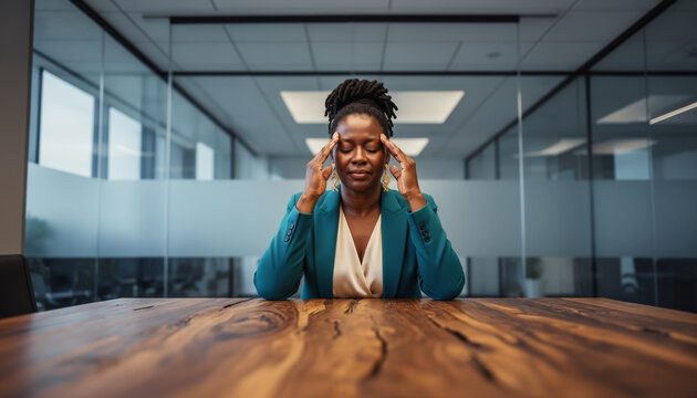 Stressed businesswoman rubbing temples with closed eyes, suffering from headache and burnout at wooden desk in modern glass office, exhausted after long workday with copy space for text