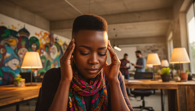 Creative professional woman suffering from headache rubbing temples in colorful coworking space with graffiti mural, exhausted from stress and burnout, coworkers blurred in background with copy space