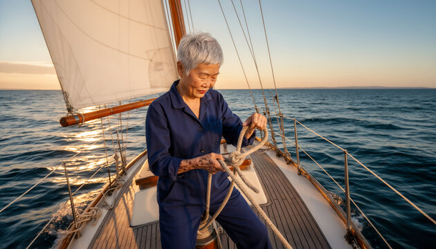 Experienced sailor tying rope on sailboat deck during golden sunset at sea, navigating vessel with focused expression, nautical adventure and maritime lifestyle with copy space for text