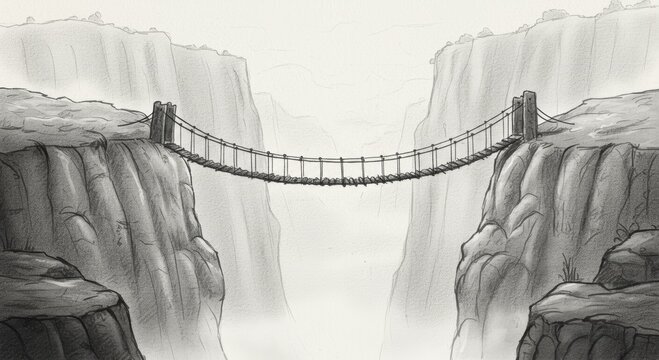 Suspension bridge spanning a deep canyon between towering cliffs. Pencil sketch illustrating adventure, exploration, travel, challenge, and connection across a dramatic landscape.