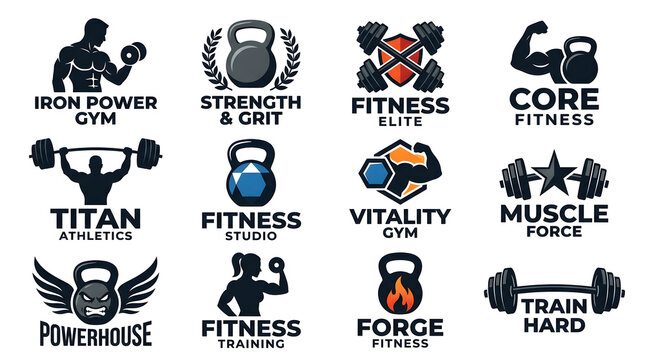 Fitness Logos Collection: A compilation of diverse fitness-themed logos, featuring dynamic illustrations of weightlifters, kettlebells, barbells, and inspiring slogans that embody strength.