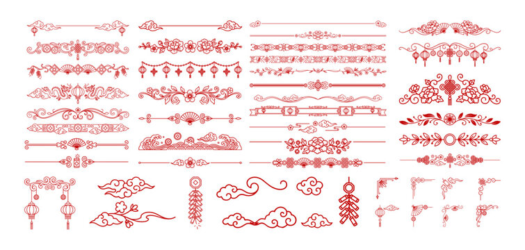 Red chinese new year ornaments collection with floral dividers for traditional graphics.
