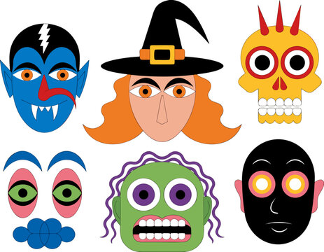 Collection of creative Halloween masks including vampire, witch, skeleton, monster and mysterious characters, colorful flat vector illustration, isolated objects