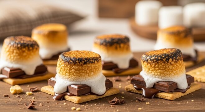 Toasted marshmallow smore with melted chocolate and graham cracker on a rustic table. Cozy campfire dessert concept for summer celebration and sweet food advertising.
