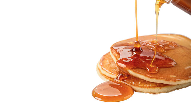 Stack of delicious sweet pancakes covered with pouring golden maple syrup
