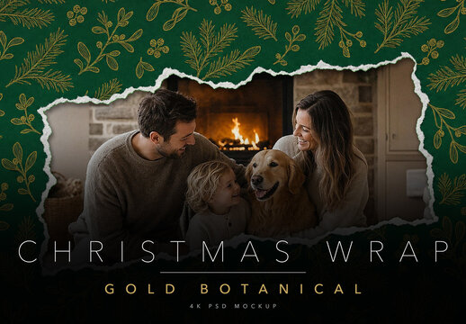 Christmas Wrapping Paper Photo Frame Mockup - Torn Green and Gold Botanical Gift Wrap Overlay, Ripped Paper Holiday Photo Frame Template, Editable PSD
