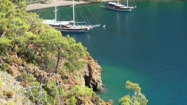 Pine trees grow along the rocky cliff side above turquoise water where wooden boats rest near a beach.