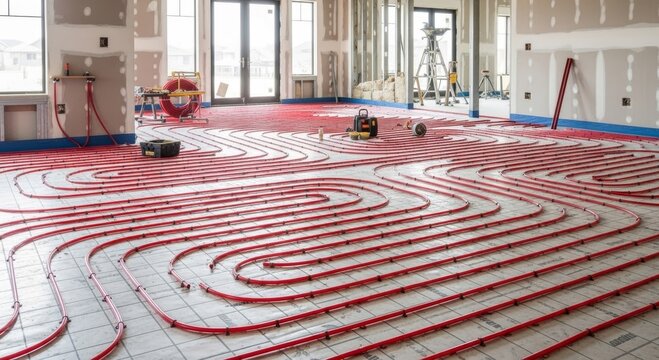 Underfloor heating pipes installed across a new house floor during construction. Radiant heating system preparation, home renovation and energy efficient building concept.