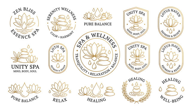 Spa and Wellness Logo Collection: A curated set of elegant, minimalist logos featuring lotus flowers, stacked stones, and water droplets, embodying tranquility, balance.