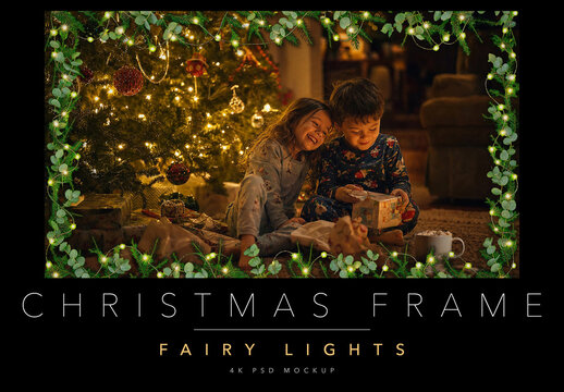 Christmas Fairy Lights Photo Frame Overlay - Warm Glowing String Light & Eucalyptus Fir Border, Your Photo Fills the Whole Frame, Editable 4K PSD Template for Holiday Cards & Marketing
