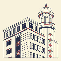 Obraz premium Art deco style historic building facade with corner tower and decorative diamond panels