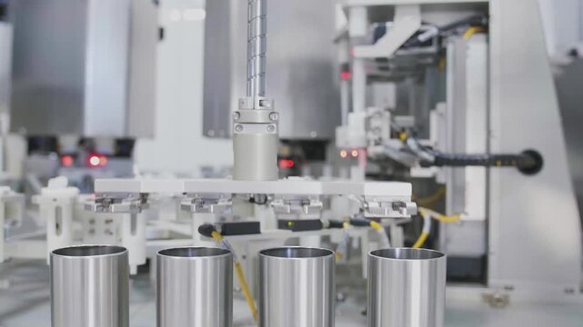 industrial machinery processing metallic cylinders in factory environment side view. silver and black parts in automated manufacturing setting. clean and modern industrial.