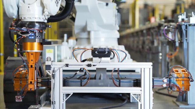industrial machinery in factory environment with robotic arms and conveyor belts, side view of assembly process, technological and industrial setting, metallic structures and industrial use.
