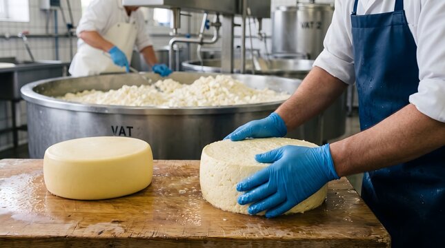Artisan cheese making process with hands shaping fresh cheese in a dairy factory.