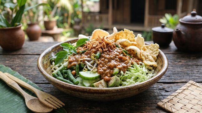 Authentic Sundanese Karedok Fresh Vegetable Salad with Peanut Sauce