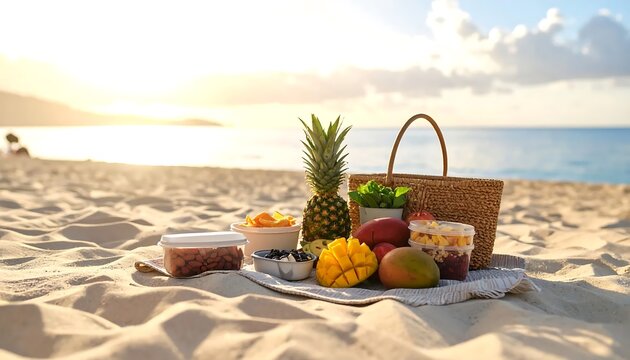 Tropical beach picnic with fresh fruit and palm tree.