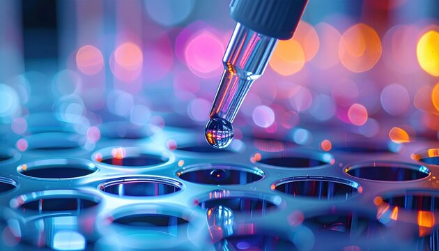 Close-up of scientific pipette transferring liquid into microplate during laboratory analysis