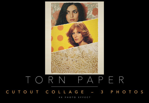 Torn Paper Face Collage Photo Effect Template - Splice 3 Portraits into One Face, 1970s Ripped Magazine Cutout, 3 Editable Smart Objects, Faded Print, Halftone and Dust Texture, PSD
