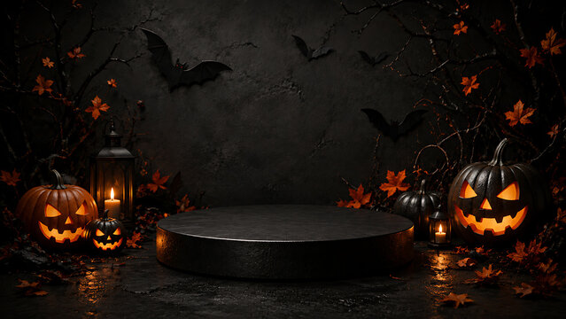 Halloween Product Podium With Pumpkins and Bats Background