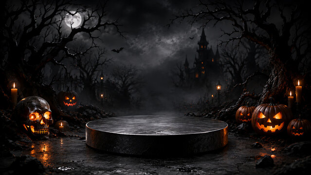 Halloween Themed Product Podium Display With Pumpkins Bats And Fall Leaves On A Dark Background