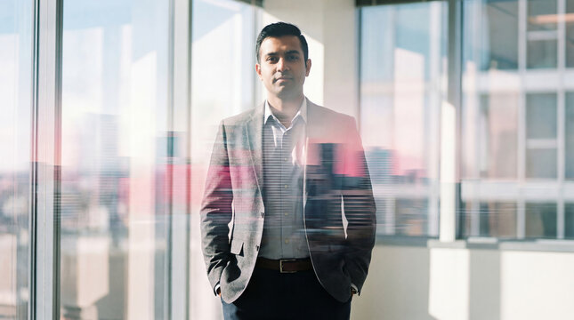 Double exposure of a confident Indian businessman in a modern city, symbolizing emerging markets, global business, economic growth and future opportunities