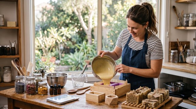 Smiling woman making natural soap