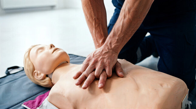 First aid training with a CPR dummy in a medical environment
