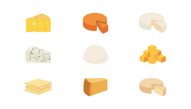 Vector collection of various gourmet cheese types including cheddar wedges, swiss cheese slices, whole wheels, and mozzarella blocks for dairy menus.