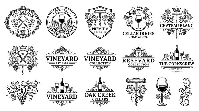 Vintage Winery Emblem Collection: A curated assortment of elegantly designed emblems and logos, each exuding a timeless charm for wineries and vineyards, featuring grapes, wine glasses.