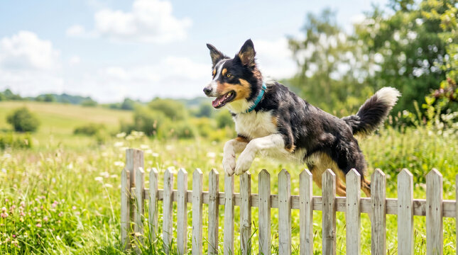 Dog jumping over fence in a sunny field with green grass and flowers  