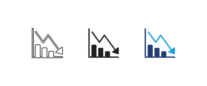business decrease icon, sales reduction symbol, financial loss chart sign, downward arrow graph vector, market crisis icon, failure analytics design, ui set