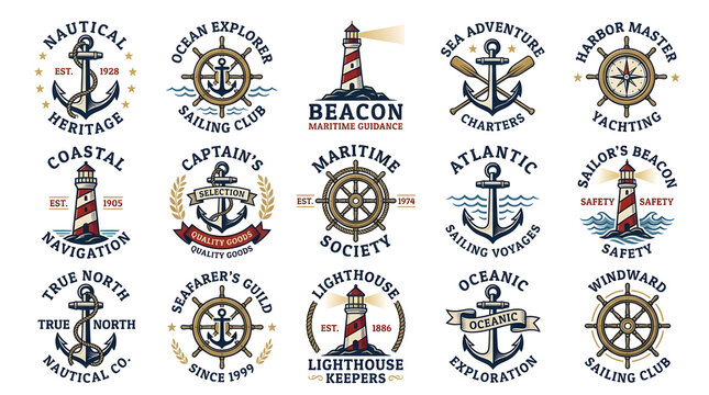 Maritime Adventure Icons: A collection of nautical-themed emblems featuring anchors, ship wheels, and lighthouses, representing maritime exploration, sailing, and coastal heritage.
