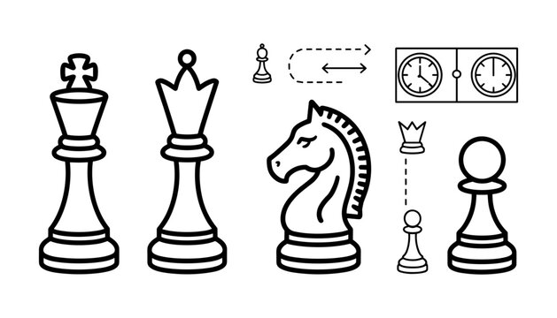 Minimalist black and white line art vector set of chess pieces including king, knight, pawn, game clock, and strategic movement symbols.