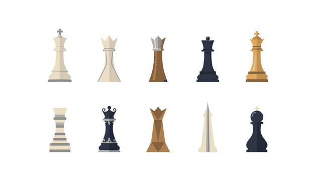 Vector set of elegant chess king and queen pieces in different colors for strategic business concept, tournament games, and competition logos.